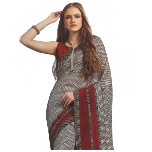 Generic Womens Georgette Digital Printed Saree (Grey, Red, 6.25 Mtr) - Image 2