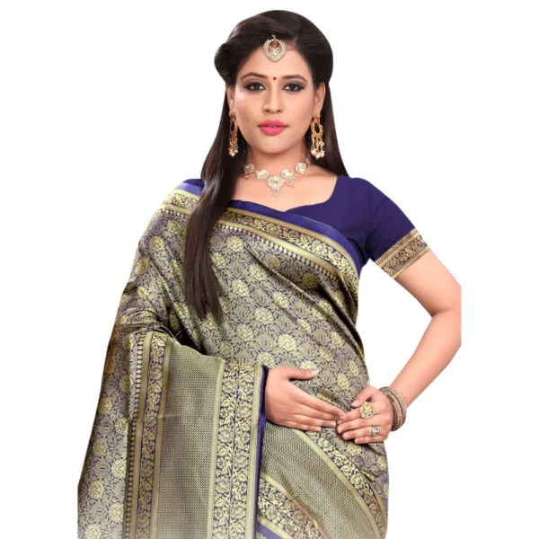 Banarasi silk Saree with Blouse (Navy blue, 5-6mtr) - Image 2