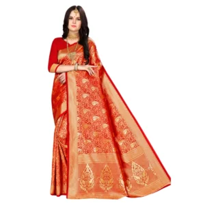 Banarasi silk Saree with Blouse (Red, 5-6mtr)