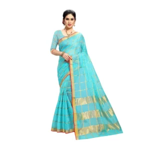 Kota Doria Cotton Saree With Blouse (Sky Blue,6-3 Mtrs)