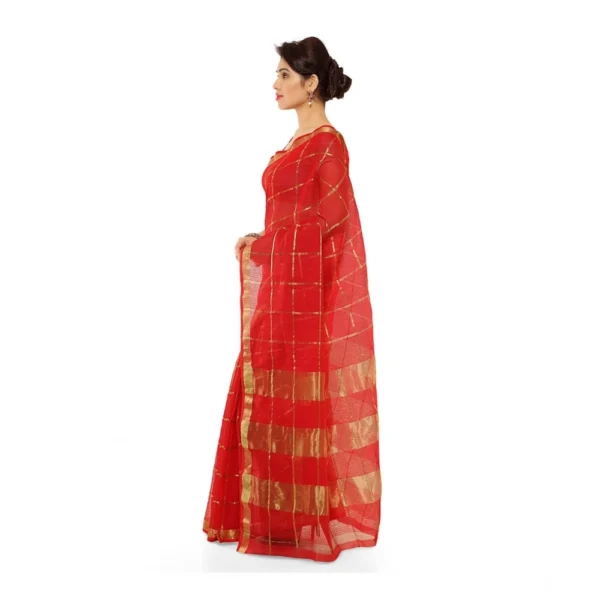 Kota Doria Cotton Saree With Blouse (Red,6-3 Mtrs) - Image 3