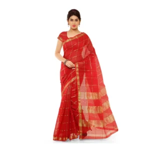 Kota Doria Cotton Saree With Blouse (Red,6-3 Mtrs)