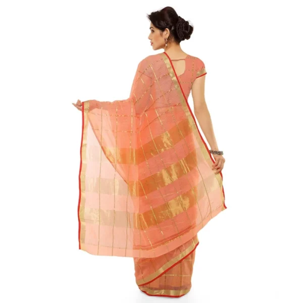 Kota Doria Cotton Saree With Blouse (Peach,6-3 Mtrs) - Image 3