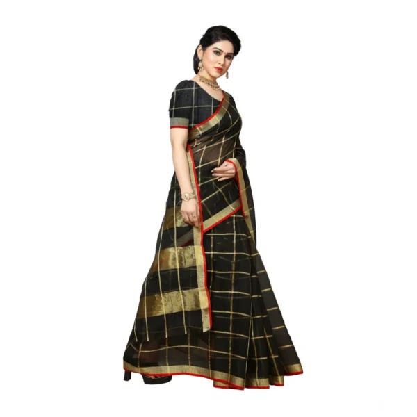 Kota Doria Cotton Saree With Blouse (Black,6-3 Mtrs) - Image 2