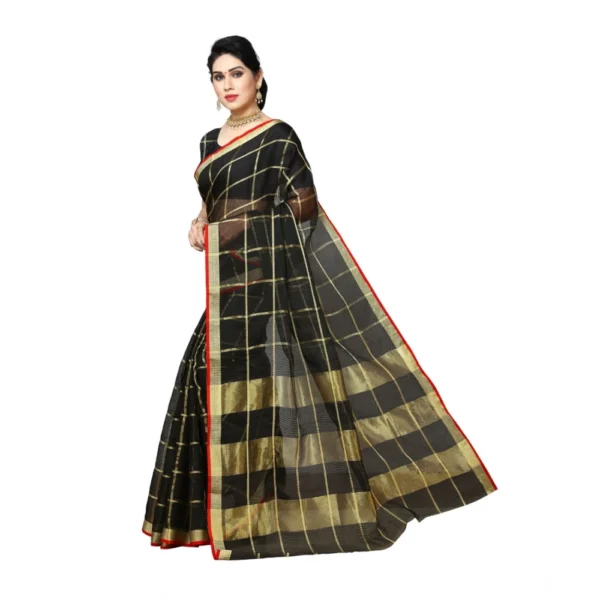 Kota Doria Cotton Saree With Blouse (Black,6-3 Mtrs) - Image 3