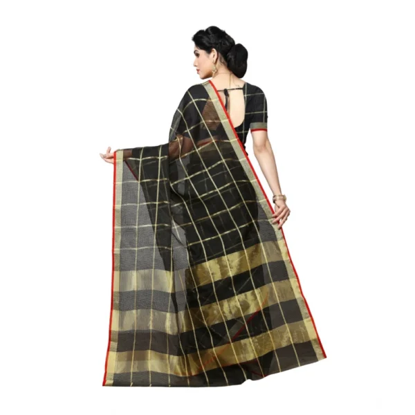 Kota Doria Cotton Saree With Blouse (Black,6-3 Mtrs) - Image 4