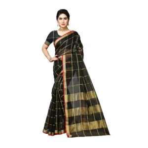 Kota Doria Cotton Saree With Blouse (Black,6-3 Mtrs)