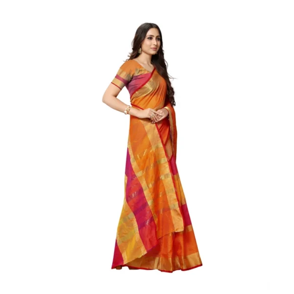Kota Doria Cotton Saree With Blouse (Orange,6-3 Mtrs) - Image 3