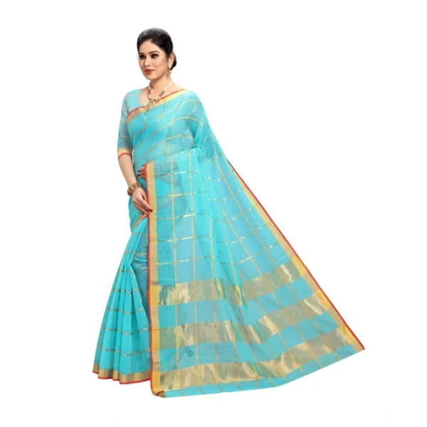 Kota Doria Cotton Saree With Blouse (Sky Blue,6-3 Mtrs) - Image 3