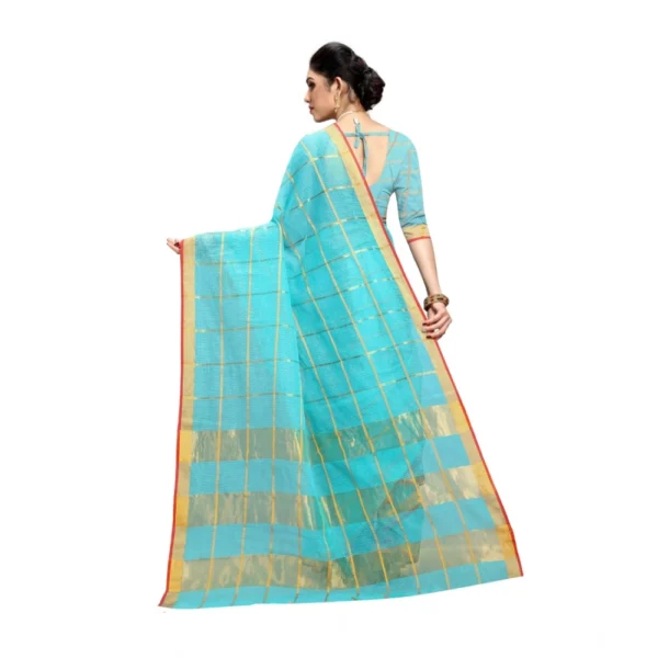 Kota Doria Cotton Saree With Blouse (Sky Blue,6-3 Mtrs) - Image 4