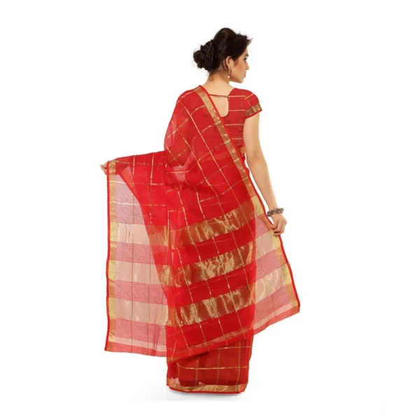 Kota Doria Cotton Saree With Blouse (Red,6-3 Mtrs) - Image 2