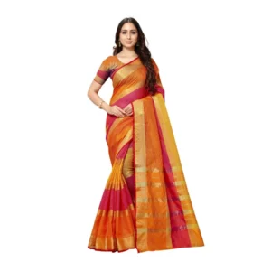 Kota Doria Cotton Saree With Blouse (Orange,6-3 Mtrs)