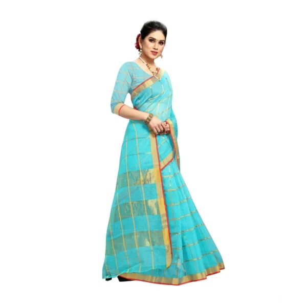 Kota Doria Cotton Saree With Blouse (Sky Blue,6-3 Mtrs) - Image 2