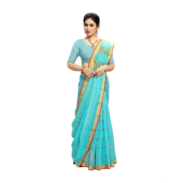 Kota Doria Cotton Saree With Blouse (Sky Blue,6-3 Mtrs) - Image 5