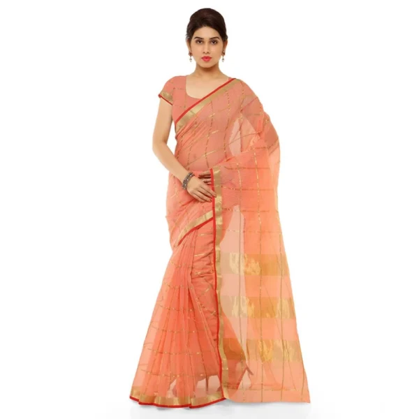 Kota Doria Cotton Saree With Blouse (Peach,6-3 Mtrs)