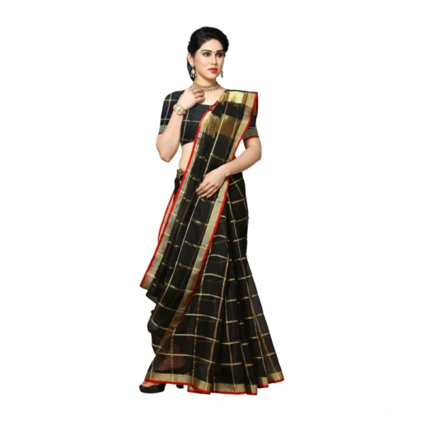 Kota Doria Cotton Saree With Blouse (Black,6-3 Mtrs) - Image 5