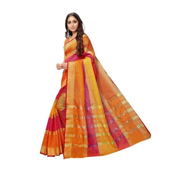 Kota Doria Cotton Saree With Blouse (Orange,6-3 Mtrs) - Image 4