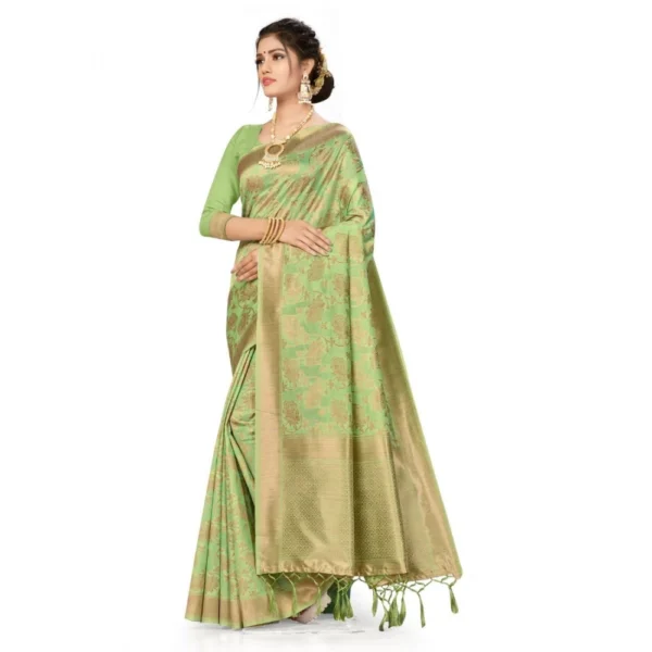 Banarasi (Spun Cotton) Saree (Pista Green,5-6 Mtrs) - Image 3