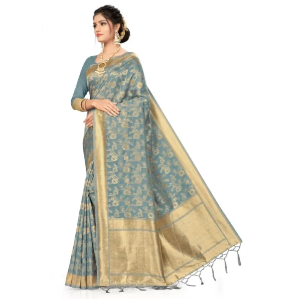 Banarasi (Spun Cotton) Saree (Grey,5-6 Mtrs) - Image 3