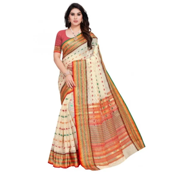 Kota Doria Cotton Woven Butta Saree With Blouse (Cream, 5-6 Mtrs)