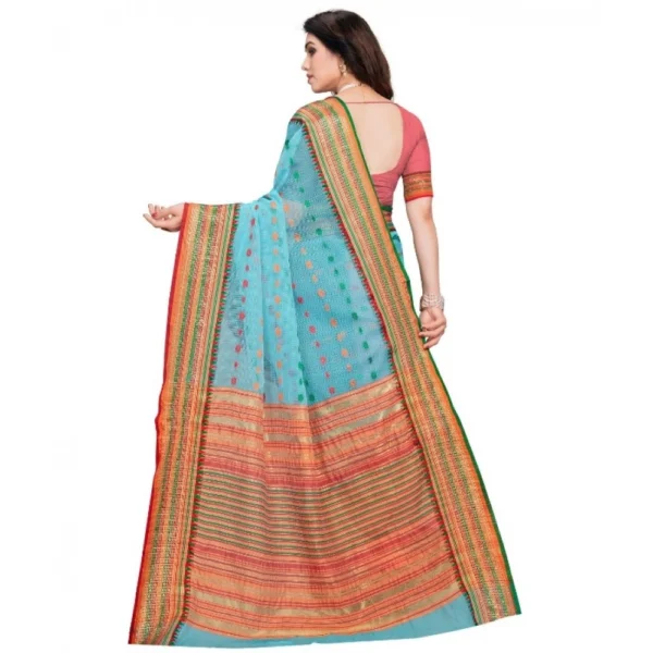 Kota Doria Cotton Woven Butta Saree With Blouse (Sky Blue, 5-6 Mtrs) - Image 2