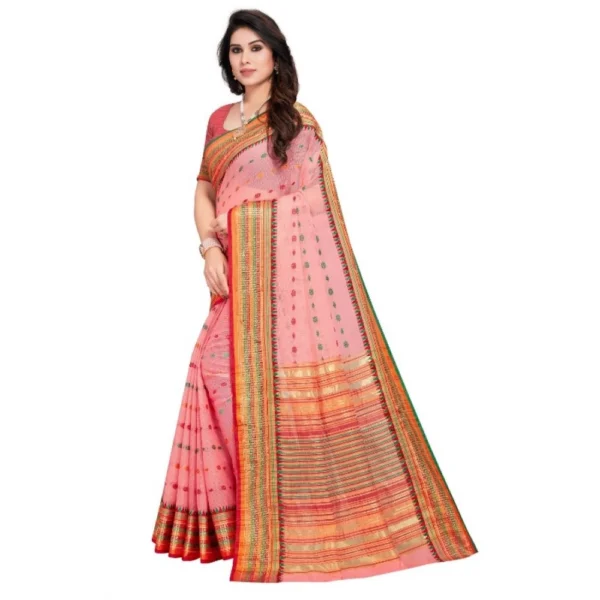 Kota Doria Cotton Woven Butta Saree With Blouse (Pink, 5-6 Mtrs) - Image 2