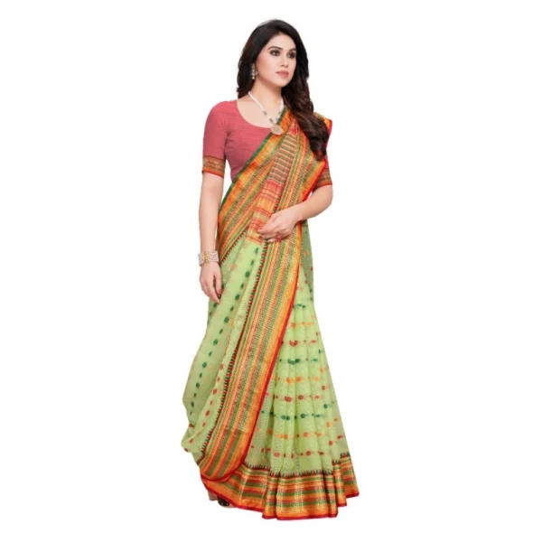 Kota Doria Cotton Woven Butta Saree With Blouse (Light Green, 5-6 Mtrs) - Image 4