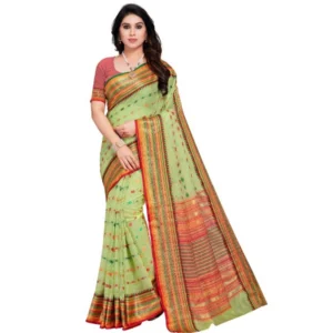 Kota Doria Cotton Woven Butta Saree With Blouse (Light Green, 5-6 Mtrs)