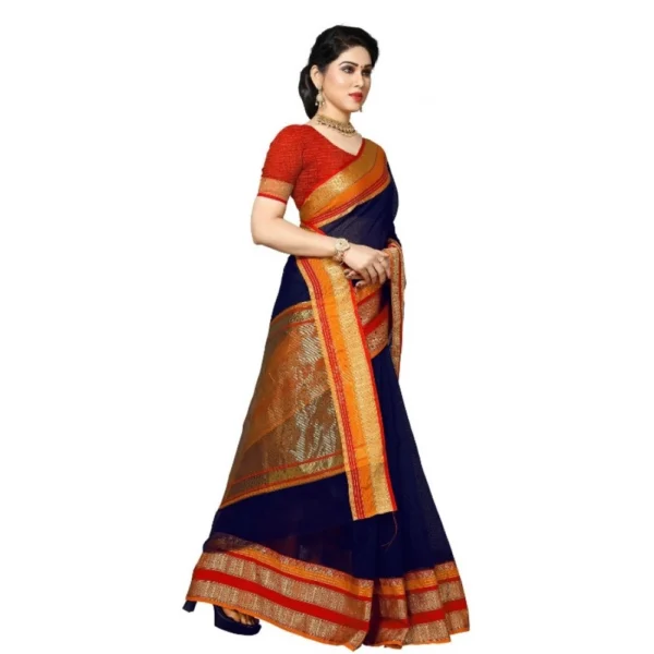 Kota Doria Cotton Border Saree With Blouse (Navy Blue, 5-6 Mtrs) - Image 2