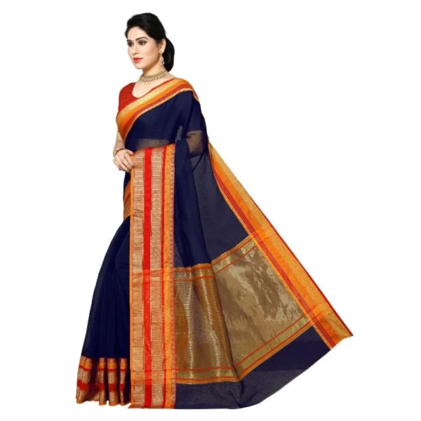 Kota Doria Cotton Border Saree With Blouse (Navy Blue, 5-6 Mtrs) - Image 3