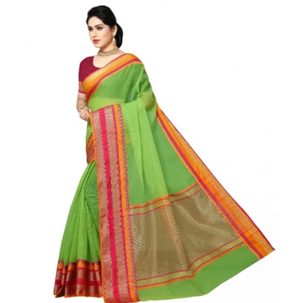 Kota Doria Cotton Border Saree With Blouse (Light Green, 5-6 Mtrs) - Image 2