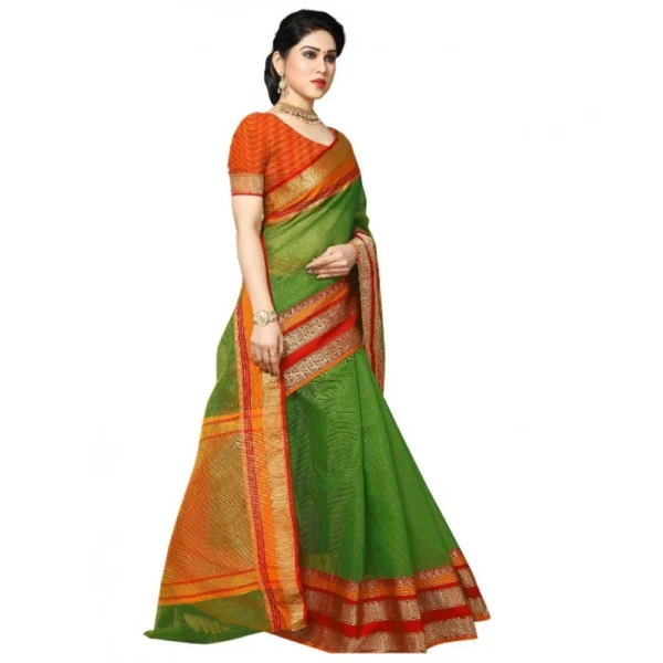 Kota Doria Cotton Border Saree With Blouse (Green, 5-6 Mtrs) - Image 3