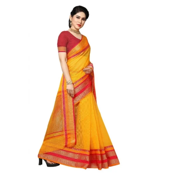 Kota Doria Cotton Border Saree With Blouse (Gold, 5-6 Mtrs) - Image 3