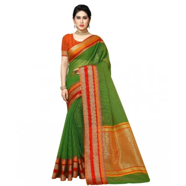 Kota Doria Cotton Border Saree With Blouse (Green, 5-6 Mtrs)