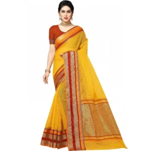 Kota Doria Cotton Border Saree With Blouse (Yellow, 5-6 Mtrs)