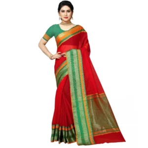 Kota Doria Cotton Border Saree With Blouse (Red, 5-6 Mtrs)