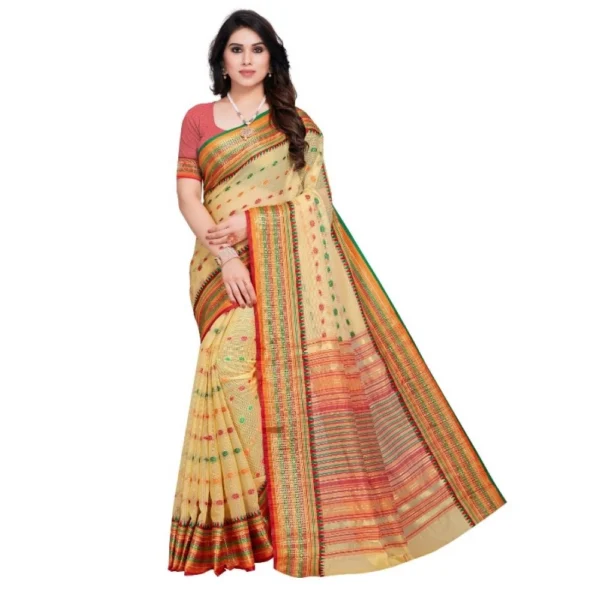 Kota Doria Cotton Woven Butta Saree With Blouse (Beige, 5-6 Mtrs)