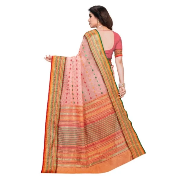 Kota Doria Cotton Woven Butta Saree With Blouse (Peach, 5-6 Mtrs) - Image 3