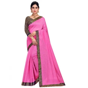 Chanderi Cotton Lace Border Saree With Blouse (Pink, 5-6 Mtrs)