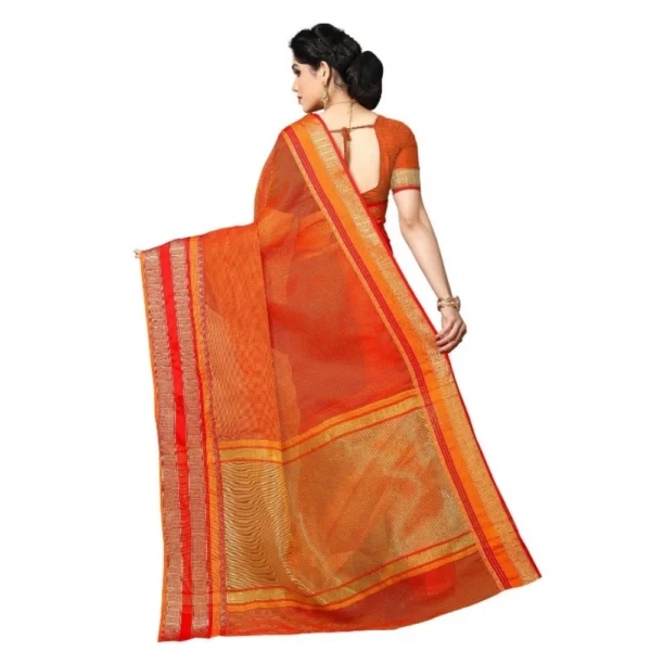 Kota Doria Cotton Border Saree With Blouse (Orange, 5-6 Mtrs) - Image 4