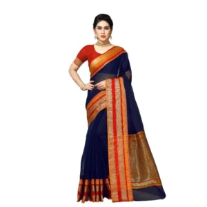Kota Doria Cotton Border Saree With Blouse (Navy Blue, 5-6 Mtrs)