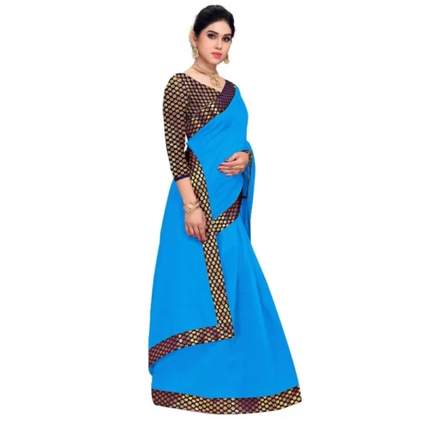 Chanderi Cotton Lace Border Saree With Blouse (Sky Blue, 5-6 Mtrs) - Image 2