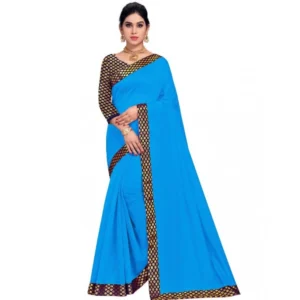 Chanderi Cotton Lace Border Saree With Blouse (Sky Blue, 5-6 Mtrs)