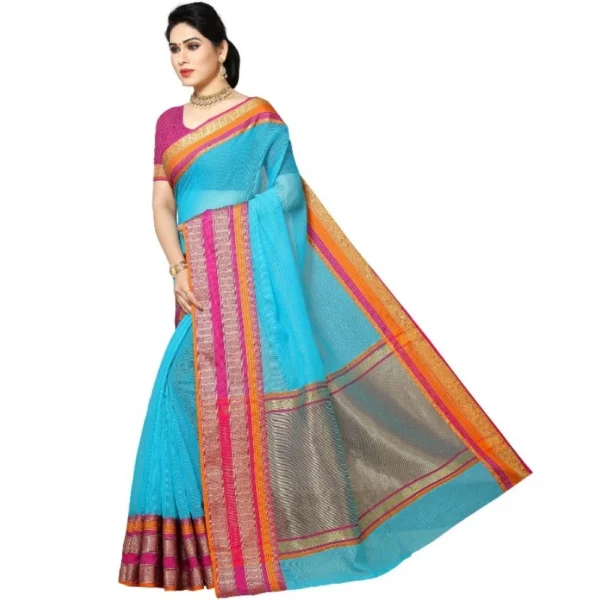 Kota Doria Cotton Border Saree With Blouse (Sky Blue, 5-6 Mtrs) - Image 2