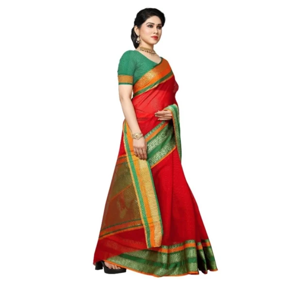 Kota Doria Cotton Border Saree With Blouse (Red, 5-6 Mtrs) - Image 3