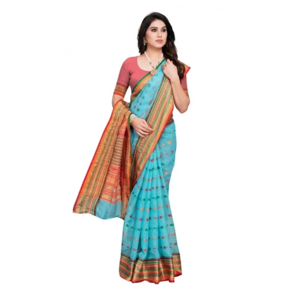 Kota Doria Cotton Woven Butta Saree With Blouse (Sky Blue, 5-6 Mtrs) - Image 3