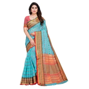 Kota Doria Cotton Woven Butta Saree With Blouse (Sky Blue, 5-6 Mtrs)