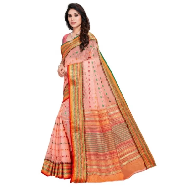 Kota Doria Cotton Woven Butta Saree With Blouse (Peach, 5-6 Mtrs) - Image 2