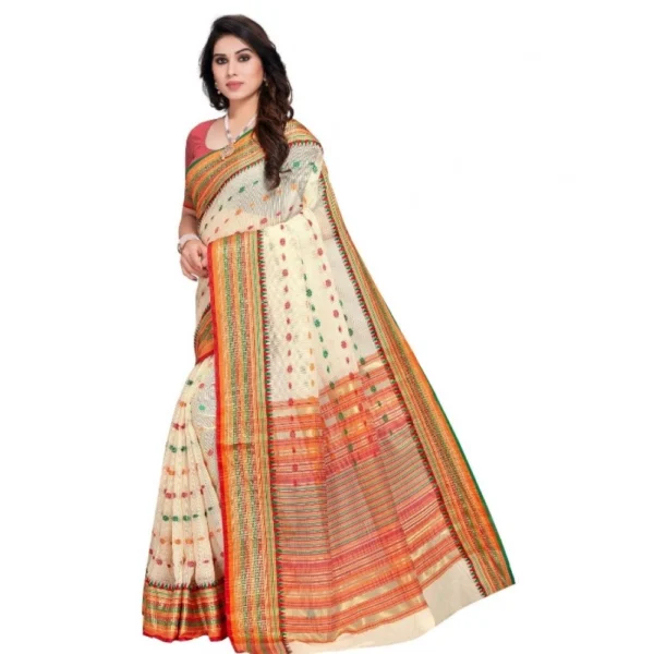 Kota Doria Cotton Woven Butta Saree With Blouse (Cream, 5-6 Mtrs) - Image 2
