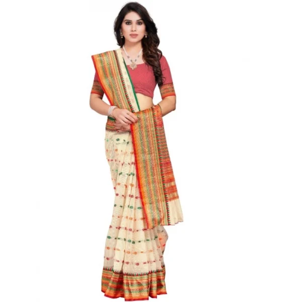 Kota Doria Cotton Woven Butta Saree With Blouse (Cream, 5-6 Mtrs) - Image 4